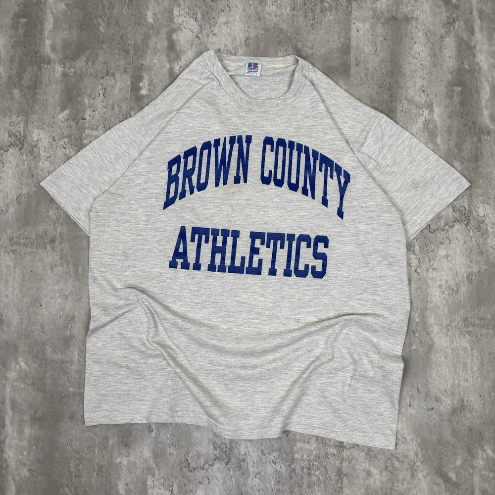 Vintage Russell Athletics Brown County Athletics T-Shirt Men's Large Gray Gym